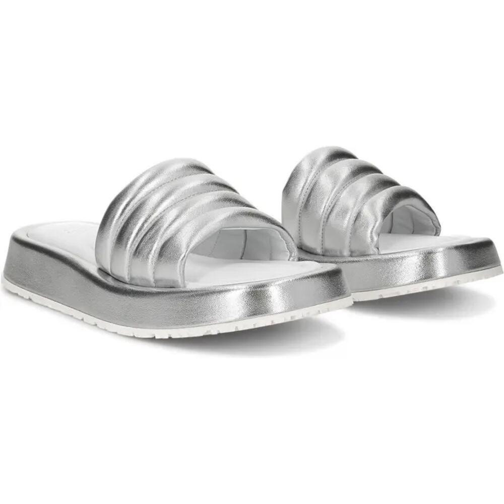 New P448 Fergie Slide Sandal in Silver Leather Women's Size EU 35